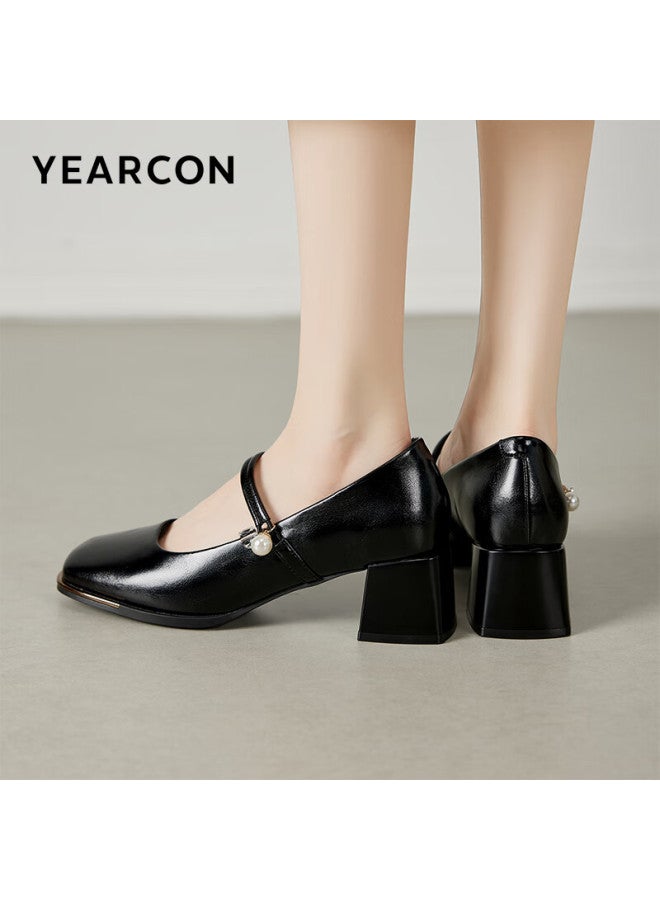 YEARCON Yierkang Mary Jane Shoes 24 New French Style Single Shoes Women's Shallow Mouth Thick Heel Shoes 29304w Black 35 - Image 2
