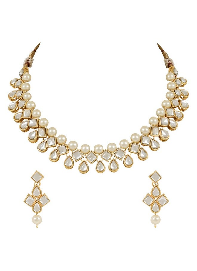 I Jewels - I Jewels 18K Gold Plated Traditional Kundan & Pearls Choker Necklace Jewellery Set with Earrings for Women and Girls (IJ370W) - Image 1
