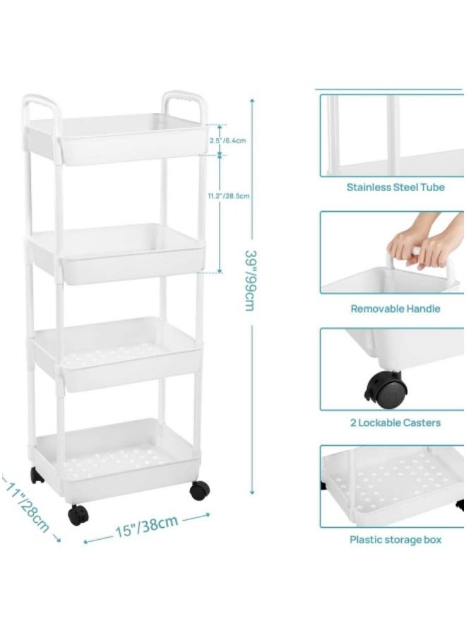 GGEROU 4-Tier Rolling Utility Cart with Wheels, Detachable Utility Storage Cart with Handle and Lockable Casters, Multi-Functional Storage Trolley for Office, Kitchen,Bathroom, White - Image 3