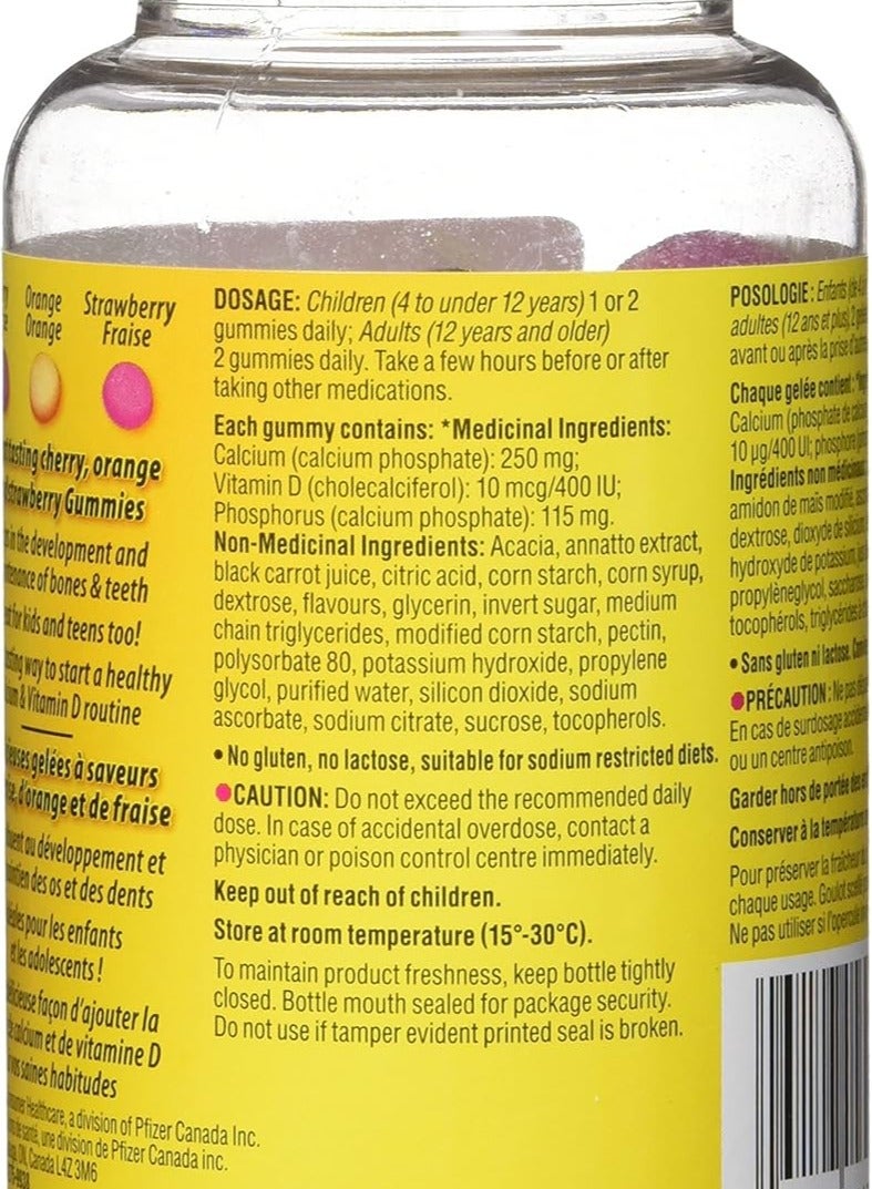 Caltrate Gummies Vitamin D and Calcium Supplement, Gluten-Free Orange Strawberry and Cherry Flavour 50 Count