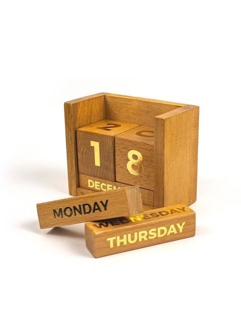 Wooden Desk Calendar Handmade - 9 X 5.5 X 11 Cm Brown & Gold Letters - Wooden Block Perpetual Month And Days Calendar For Any Year.