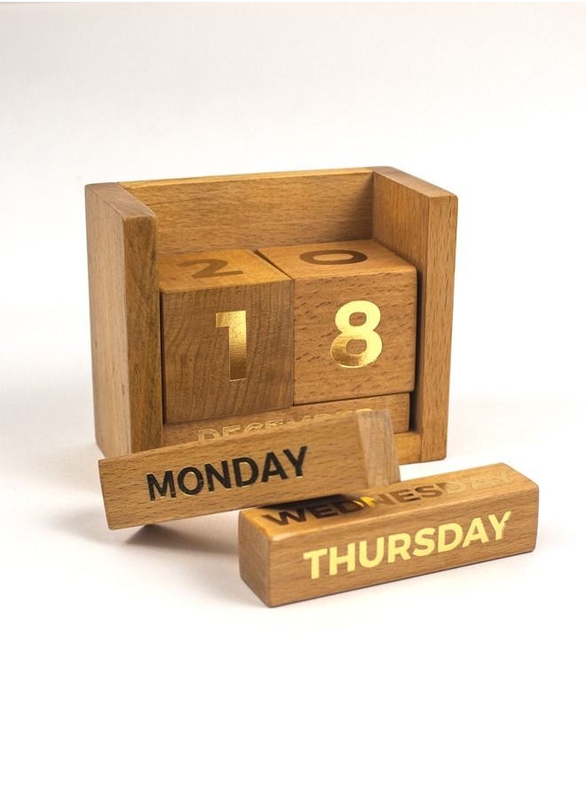Impressions - Wooden Desk Calendar Handmade - 9 X 5.5 X 11 Cm Brown & Gold Letters - Wooden Block Perpetual Month And Days Calendar For Any Year. - Image 1