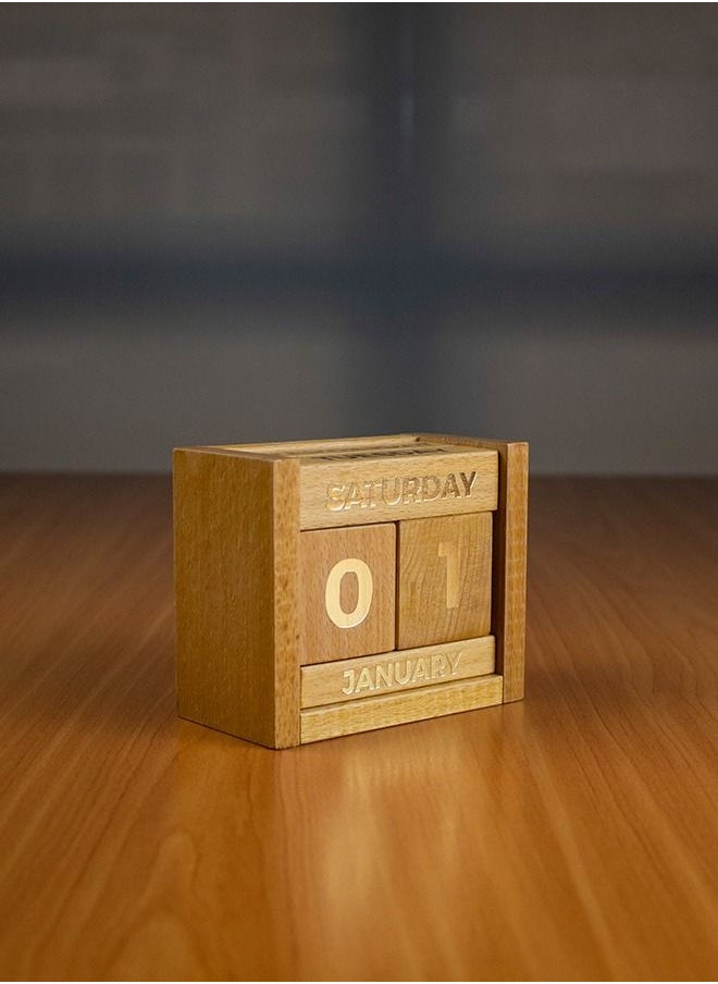 Impressions - Wooden Desk Calendar Handmade - 9 X 5.5 X 11 Cm Brown & Gold Letters - Wooden Block Perpetual Month And Days Calendar For Any Year. - Image 1
