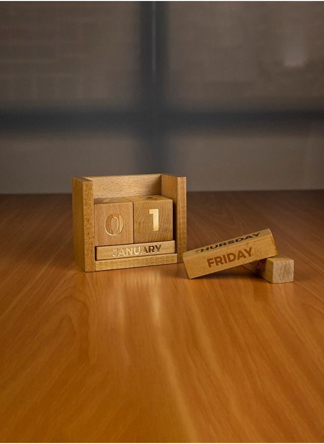 Impressions - Wooden Desk Calendar Handmade - 9 X 5.5 X 11 Cm Brown & Gold Letters - Wooden Block Perpetual Month And Days Calendar For Any Year. - Image 1