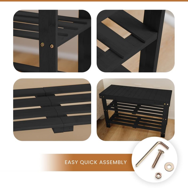 Leaf & Grain Bamboo Shoe Rack - Shoe Storage Bench for Front Door Entrance â€“ Entryway Bench with Shoe Shelf, Shoe Storage Organizer, Wooden Shoe Rack, Durable Shoe Bench for Home (Black) - Image 5