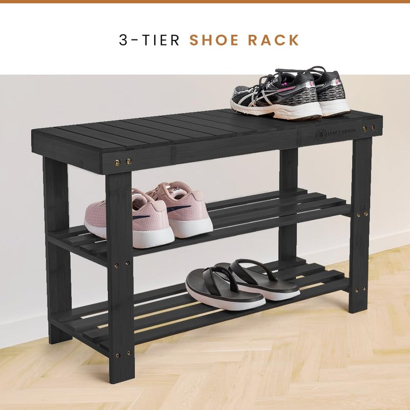Leaf & Grain Bamboo Shoe Rack - Shoe Storage Bench for Front Door Entrance â€“ Entryway Bench with Shoe Shelf, Shoe Storage Organizer, Wooden Shoe Rack, Durable Shoe Bench for Home (Black) - Image 2