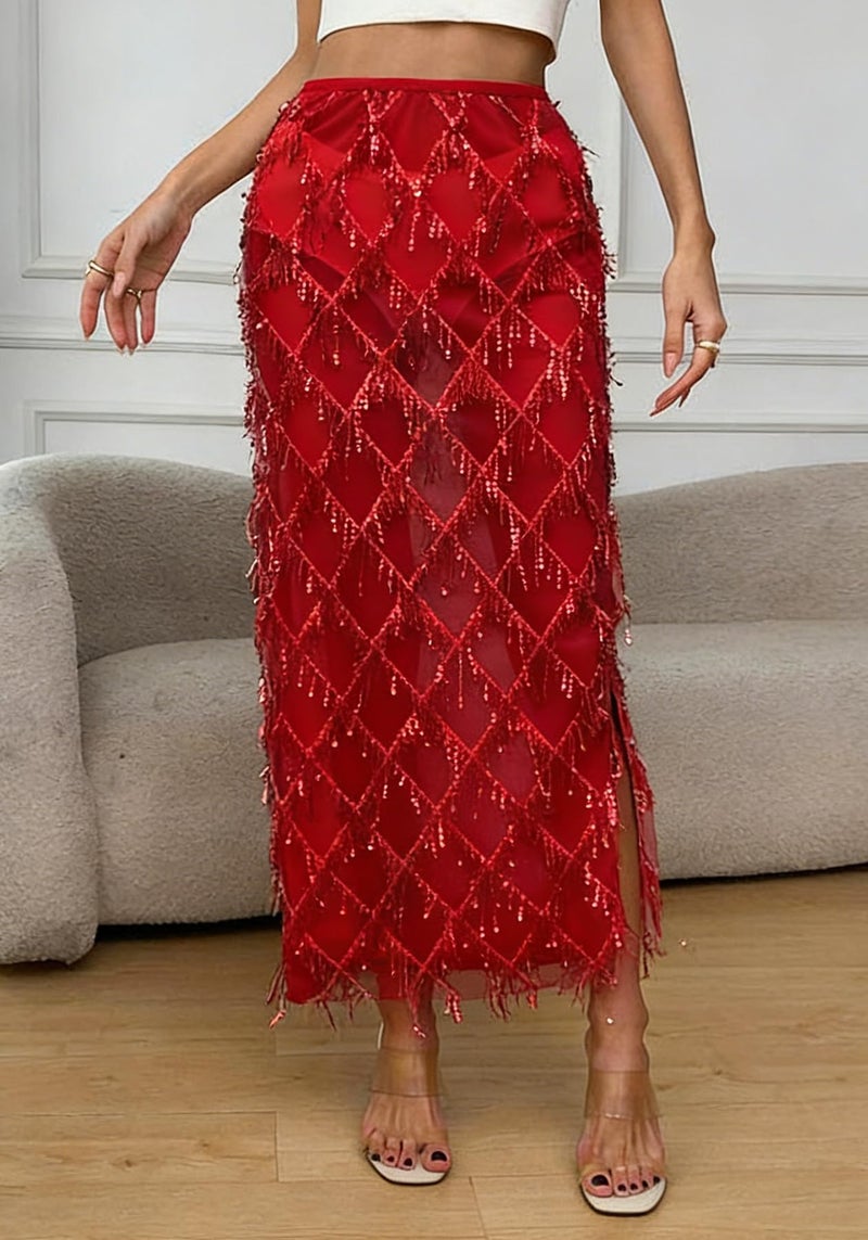 Skirt Y2k Gothic Flowy Sequin Boho Floral Print Red - Image 2