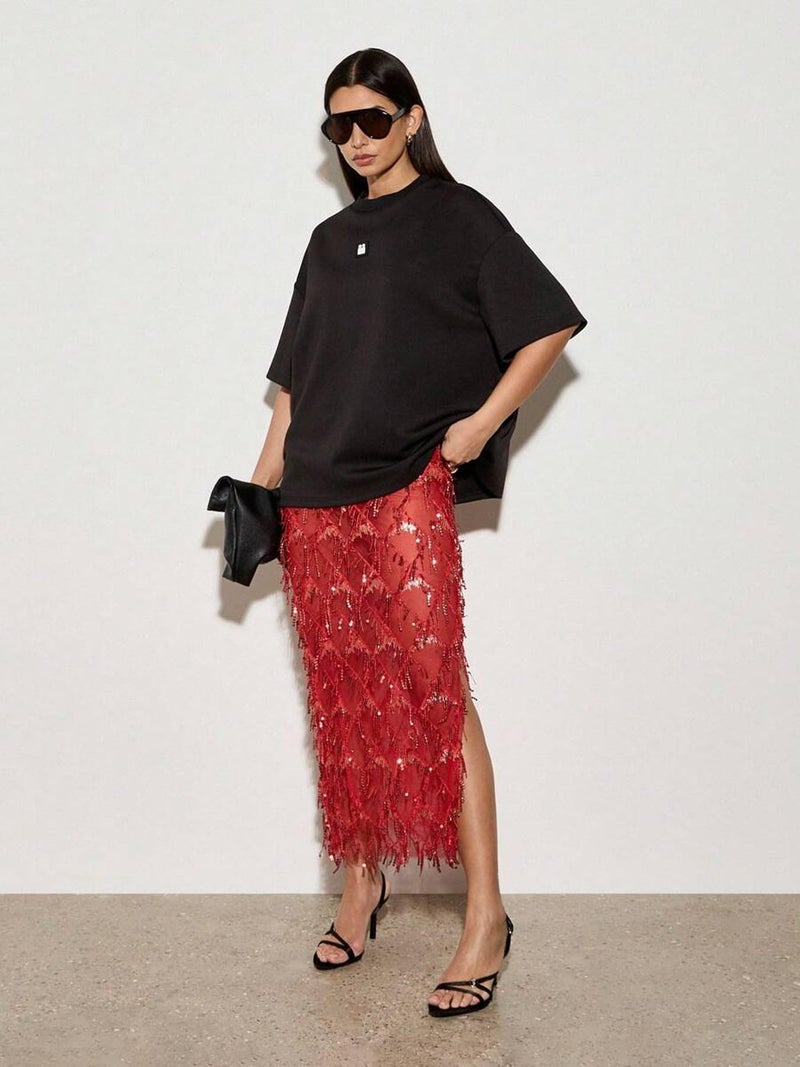 Skirt Y2k Gothic Flowy Sequin Boho Floral Print Red - Image 5