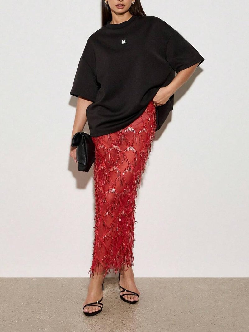 Skirt Y2k Gothic Flowy Sequin Boho Floral Print Red - Image 3