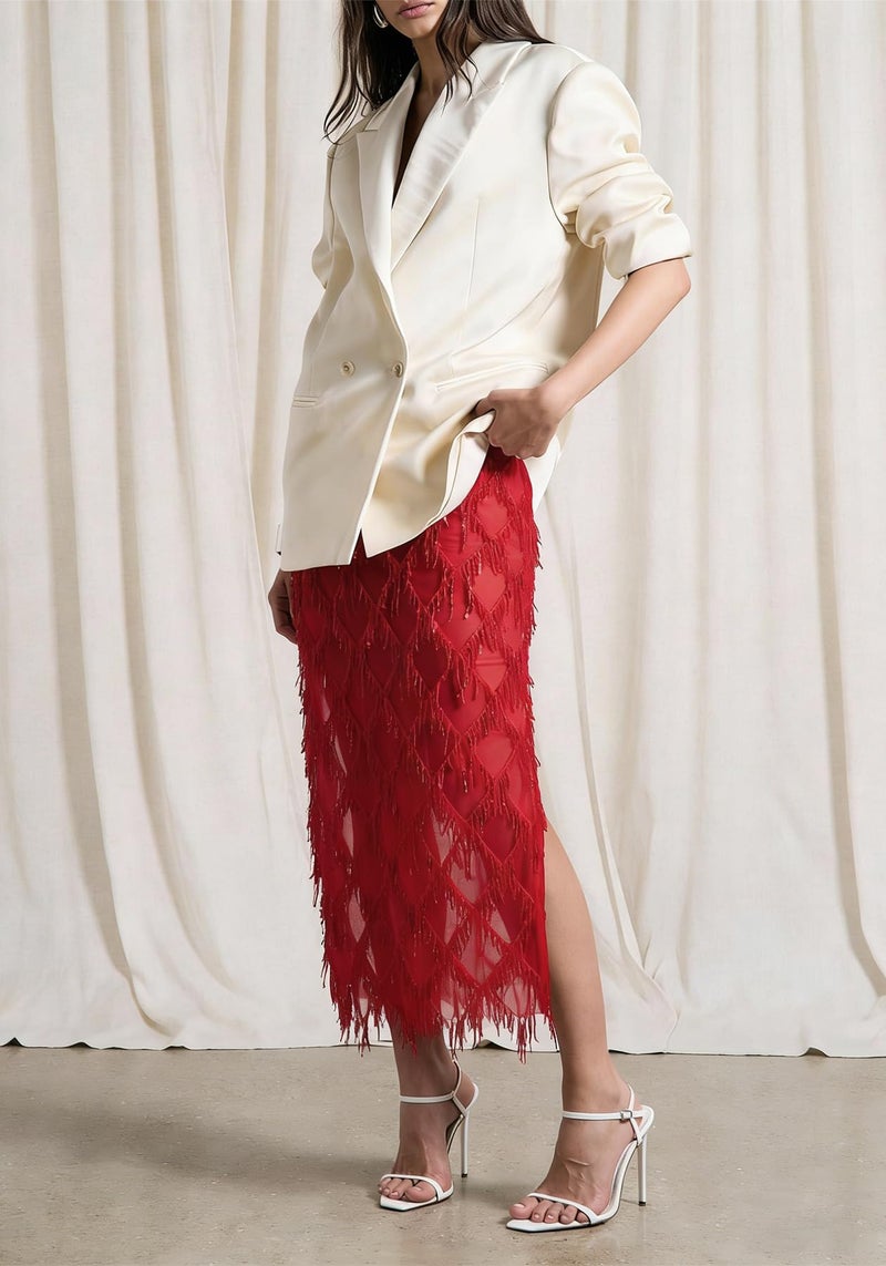 Skirt Y2k Gothic Flowy Sequin Boho Floral Print Red - Image 4