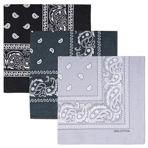 Raylarnia 100% Cotton Large Bandanas for Men and Women, 22 Inch Paisley Bandana with Multiple Colors (Black/Dark Gray/Light Gray) - Image 1