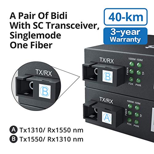 10Gtek a Pair of Gigabit Bidi Fiber to Ethernet Media Converter, SingleMode Single SC Fiber to Ethernet RJ45 Converter for 10/100/1000Base-Tx to 1000Base-EX, UL Certified, 1310-nm, up to 40-km - Image 2