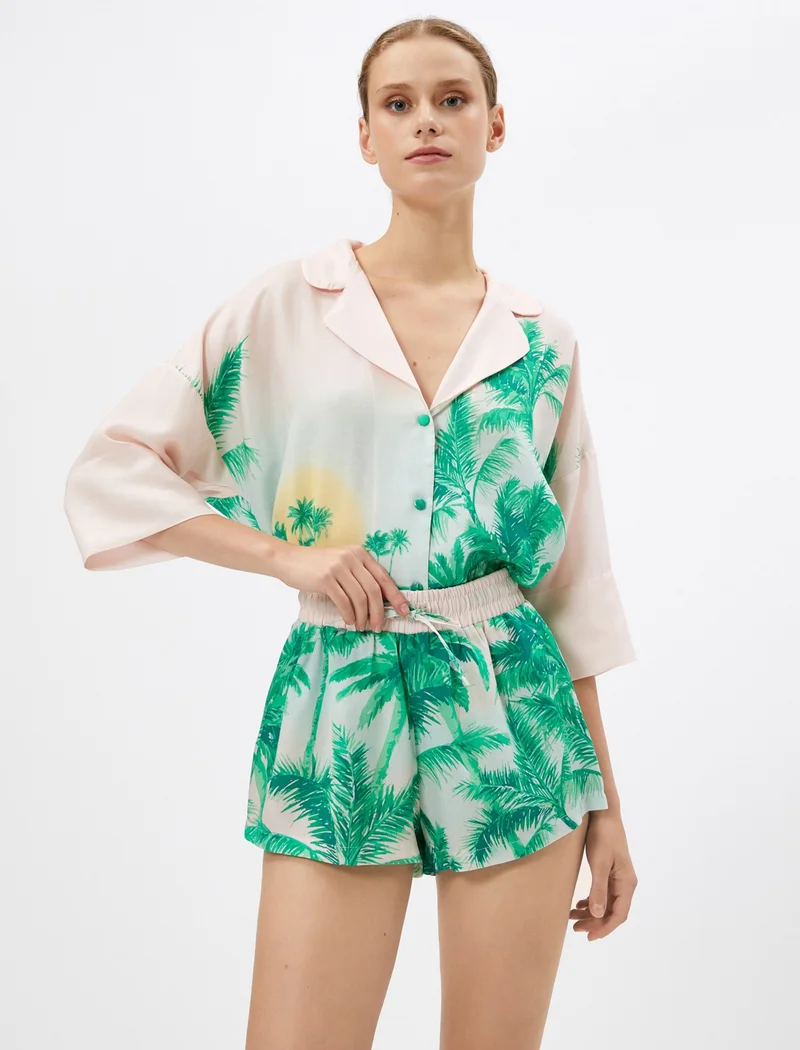 كوتون Pajama Bottoms Shorts Tropical Patterned Lyocell with Lace Waist