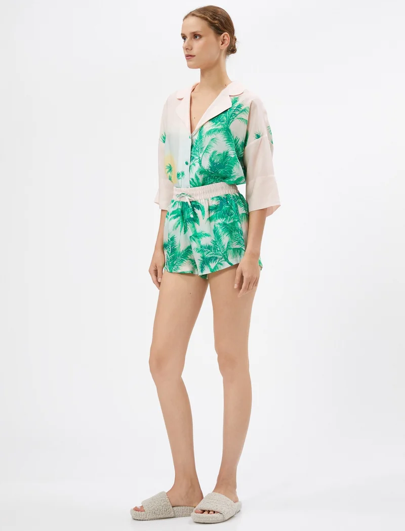 كوتون Pajama Bottoms Shorts Tropical Patterned Lyocell with Lace Waist