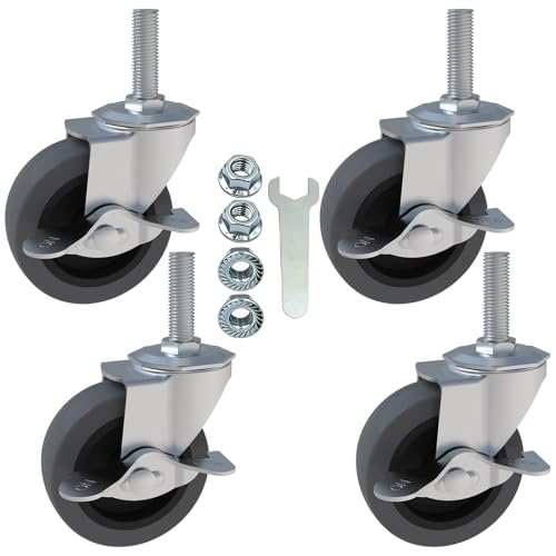 AAGUT Caster Wheels, 3 Inch Rubber Heavy Duty 3/8"-16 x1-1/2 Threaded Stem Industrial Castors, Locking Brakes Metal Swivel Wheel, Replacement for Carts Furniture Dolly Workbench Trolley,Set of 4 - Image 1