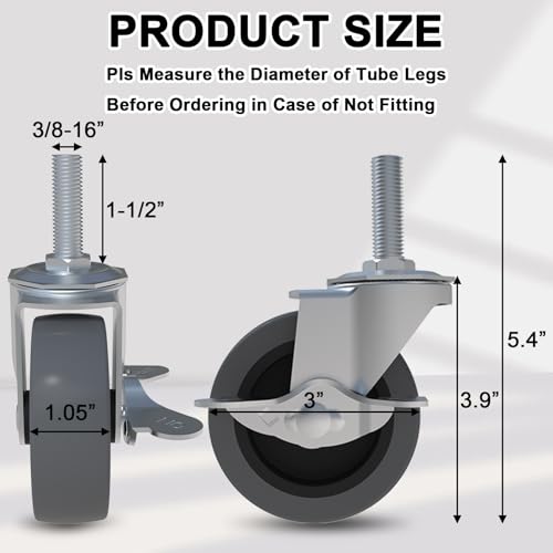 AAGUT Caster Wheels, 3 Inch Rubber Heavy Duty 3/8"-16 x1-1/2 Threaded Stem Industrial Castors, Locking Brakes Metal Swivel Wheel, Replacement for Carts Furniture Dolly Workbench Trolley,Set of 4 - Image 2