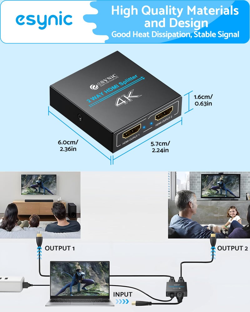 eSynic Portable HDMI Splitter 1 in 2 Out - Metal Case4K @ 30Hz HDCP Bypass Splitter [Only Mirror No Extend Mode] - Supports PS4/Fire Stick/HDTV, Plug & Play 2-Way Display Duplication for Home/Office - Image 3