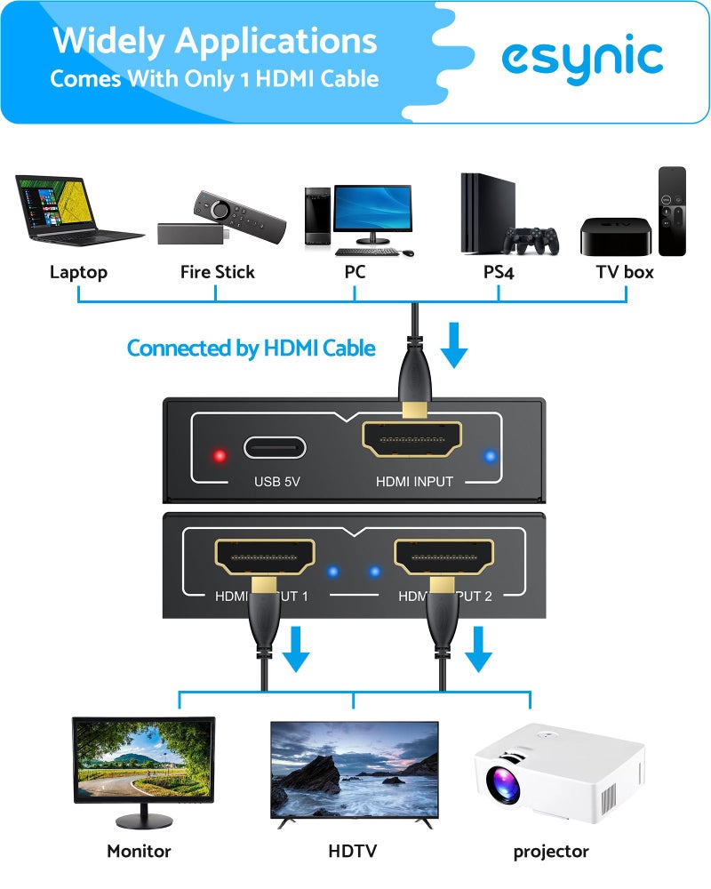 eSynic Portable HDMI Splitter 1 in 2 Out - Metal Case4K @ 30Hz HDCP Bypass Splitter [Only Mirror No Extend Mode] - Supports PS4/Fire Stick/HDTV, Plug & Play 2-Way Display Duplication for Home/Office - Image 2