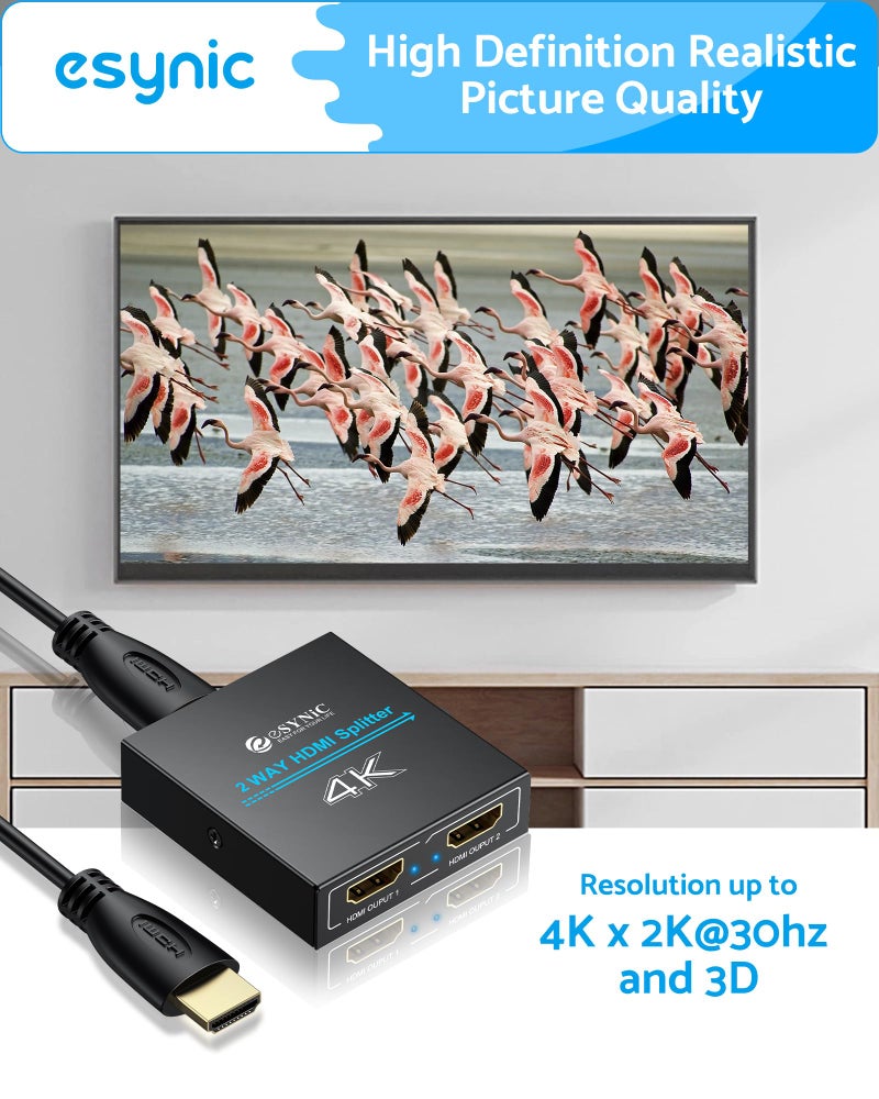 eSynic Portable HDMI Splitter 1 in 2 Out - Metal Case4K @ 30Hz HDCP Bypass Splitter [Only Mirror No Extend Mode] - Supports PS4/Fire Stick/HDTV, Plug & Play 2-Way Display Duplication for Home/Office - Image 4