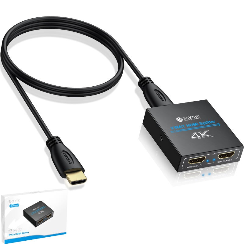 eSynic Portable HDMI Splitter 1 in 2 Out - Metal Case4K @ 30Hz HDCP Bypass Splitter [Only Mirror No Extend Mode] - Supports PS4/Fire Stick/HDTV, Plug & Play 2-Way Display Duplication for Home/Office - Image 1