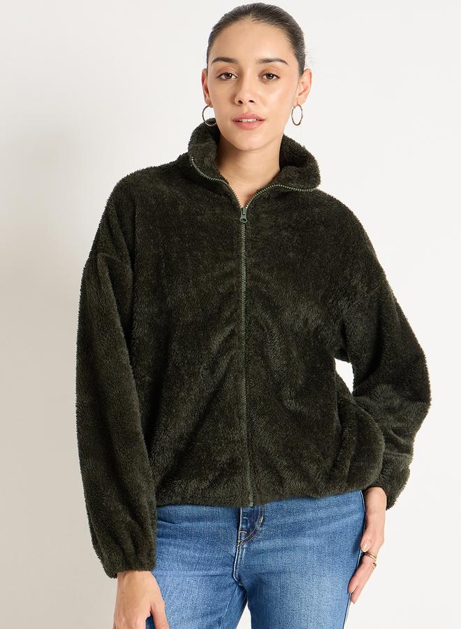 Femmella Olive Fuzzy Fleece Zip-Up Jacket - Image 1