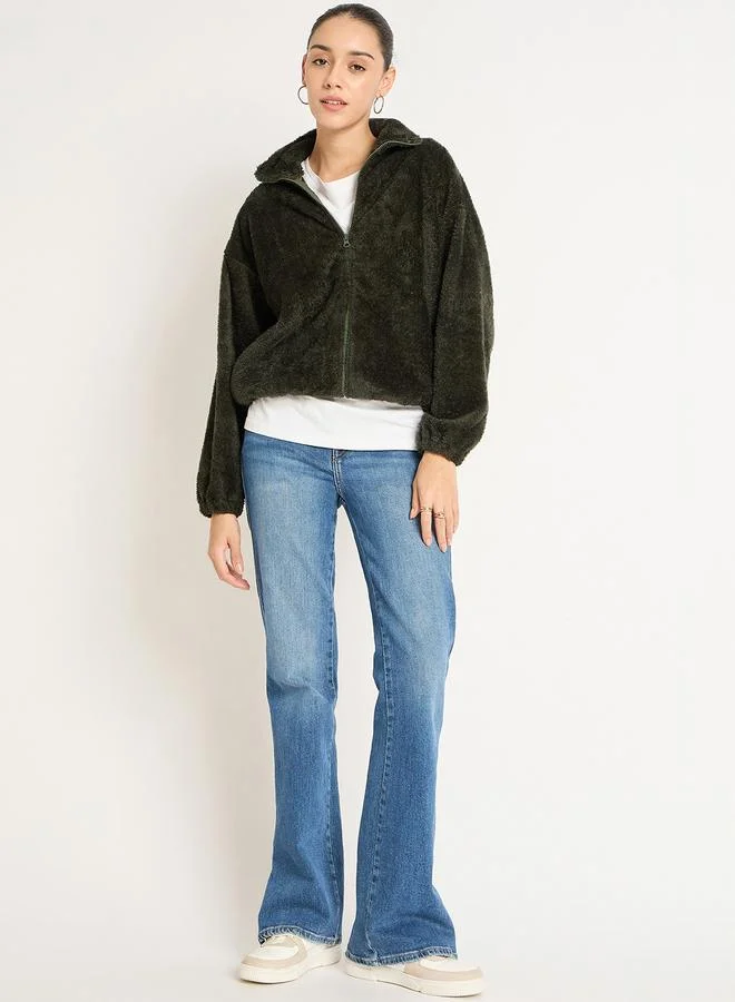Femmella  Olive Fuzzy Fleece Zip-Up Jacket for Women | Best Price UAE