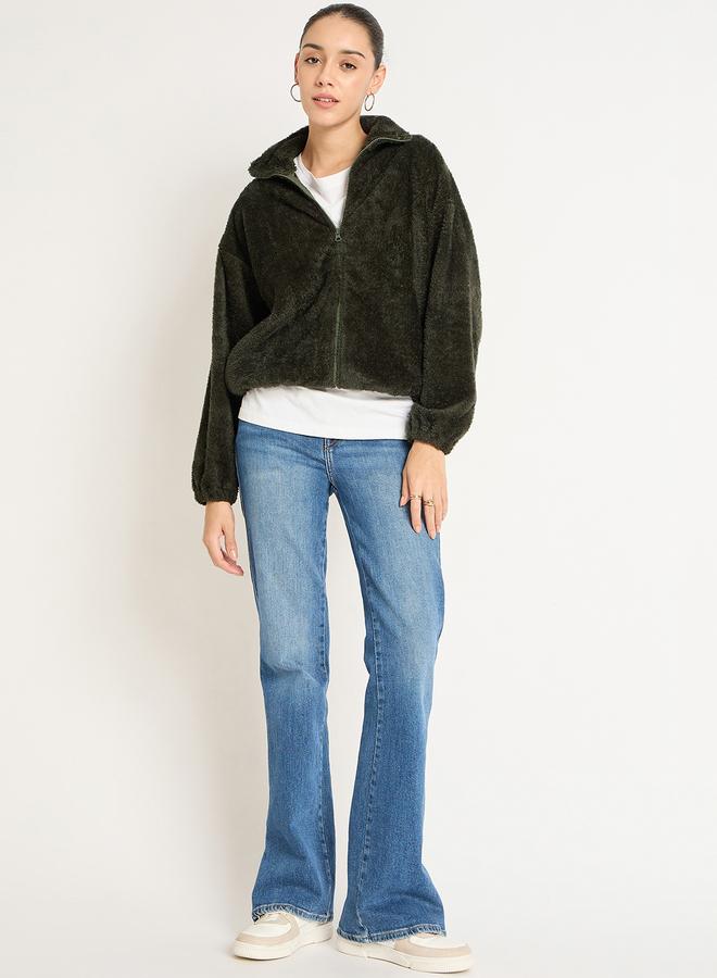 Femmella Olive Fuzzy Fleece Zip-Up Jacket - Image 5