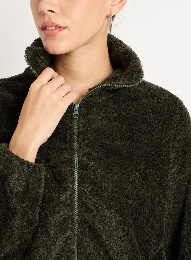 Femmella  Olive Fuzzy Fleece Zip-Up Jacket for Women | Best Price UAE