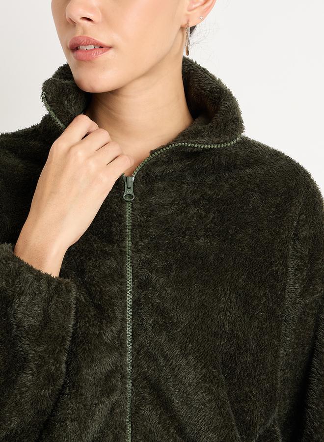 Femmella Olive Fuzzy Fleece Zip-Up Jacket - Image 4