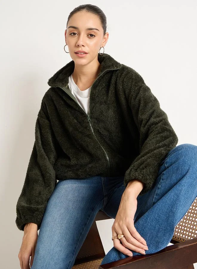 Femmella  Olive Fuzzy Fleece Zip-Up Jacket for Women | Best Price UAE