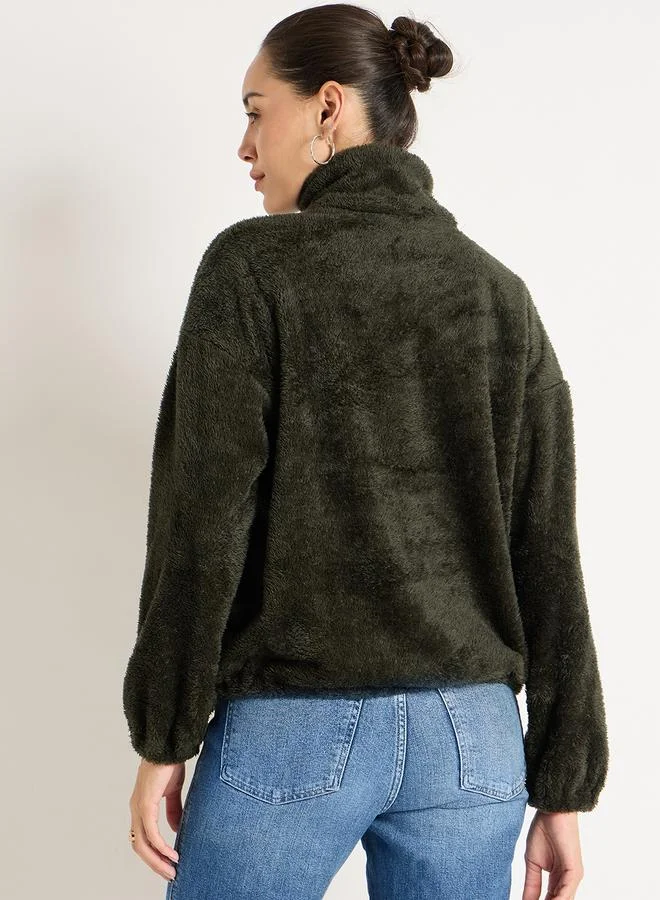 Femmella  Olive Fuzzy Fleece Zip-Up Jacket for Women | Best Price UAE