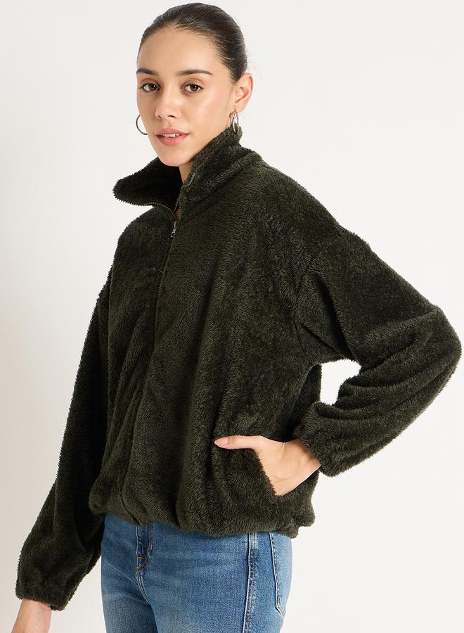 Femmella Olive Fuzzy Fleece Zip-Up Jacket - Image 2