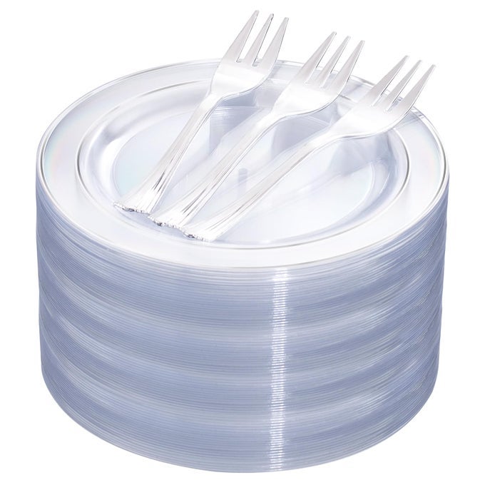 240PCS SILVER DESSERT PLATES SET INCLUDES 120 DISPOSABLE SALAD PLATES 65 120 PLASTIC FORKS 57CLEAR SILVER RIM CAKE PLATOSFANCY APPETIZER PLATOS FOR PARTY AND WEDDING