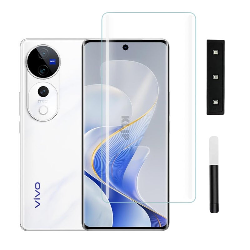 KLJP حماية شاشة زجاجية مقواة HD+ UV متقدمة متوافقة مع Vivo V40/ Vivo V40Pro (عبوة من 1) لاصقة كاملة UV منحنية صديقة للحالات HD+ وضوح - Image 1