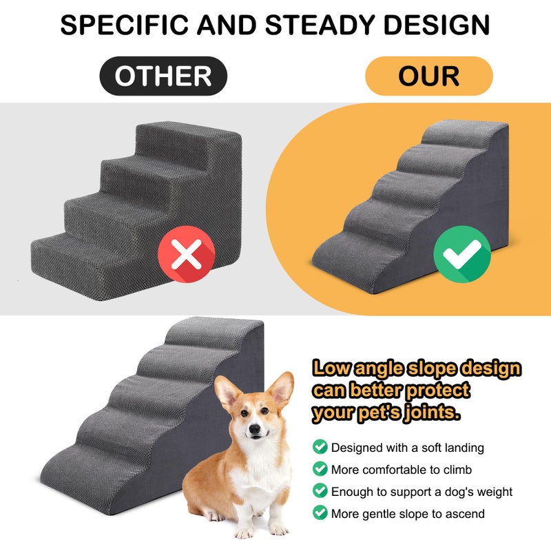 CiWiVOKi Dog Stairs for Bed, 5-Step Dog Steps for Couch and High Bed, Non-Slip Pet Stairs, 24" High Sofa Foam Ramp - Best for Small Pets, Older Cats with Joint Pain - Image 2