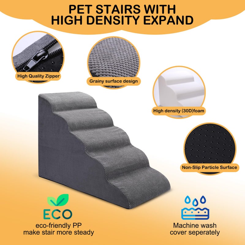 CiWiVOKi Dog Stairs for Bed, 5-Step Dog Steps for Couch and High Bed, Non-Slip Pet Stairs, 24" High Sofa Foam Ramp - Best for Small Pets, Older Cats with Joint Pain - Image 3
