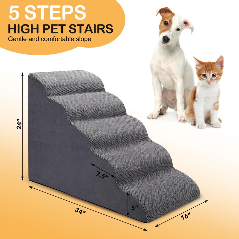 CiWiVOKi Dog Stairs for Bed, 5-Step Dog Steps for Couch and High Bed, Non-Slip Pet Stairs, 24" High Sofa Foam Ramp - Best for Small Pets, Older Cats with Joint Pain - Image 4