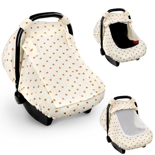 Hooyax Muslin Car Seat Cover Baby Summer Car Seat Covers for Babies Infants and Newborns Ultra Soft Breathable Universal Fit Stroller Carseat Canopy Covers for Boys Girls Heart - Image 1