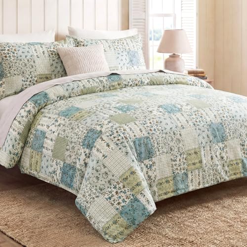 Cozaline Blue Floral Duvet Cover Set King Size 100 Cotton Botanical Patchwork Vintage Bedding Quilt Cover All Season 3 Pieces Soft Lightweight Comforter Cover - Image 3