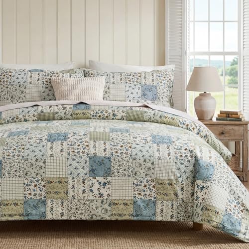 Cozaline Blue Floral Duvet Cover Set King Size 100 Cotton Botanical Patchwork Vintage Bedding Quilt Cover All Season 3 Pieces Soft Lightweight Comforter Cover - Image 1