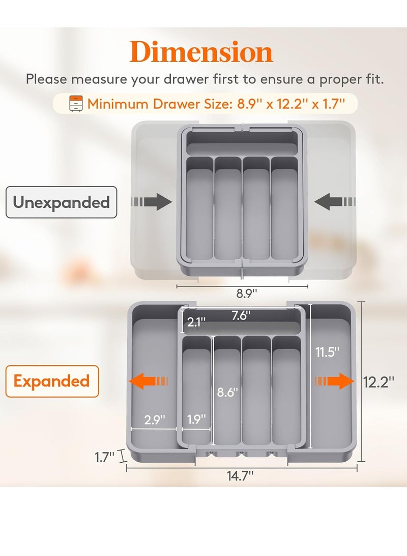 Silverware Drawer Organizer, Expandable BPA Free Utensil Tray for Kitchen,Adjustable Flatware and Cutlery Holder for Spoons Forks Knives,Plastic Kitchen Organizers and Storage-Gray - Image 2