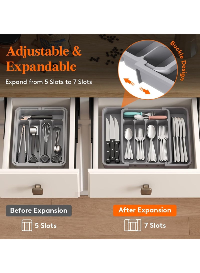 Silverware Drawer Organizer, Expandable BPA Free Utensil Tray for Kitchen,Adjustable Flatware and Cutlery Holder for Spoons Forks Knives,Plastic Kitchen Organizers and Storage-Gray - Image 3