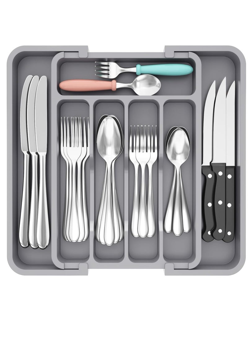 Silverware Drawer Organizer, Expandable BPA Free Utensil Tray for Kitchen,Adjustable Flatware and Cutlery Holder for Spoons Forks Knives,Plastic Kitchen Organizers and Storage-Gray - Image 1