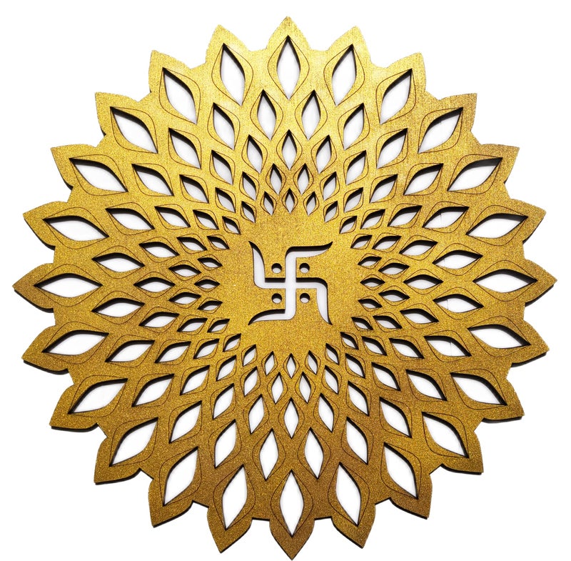 My Dream Carts Golden Round Decorative Wall Art Mdf Wooden Swastika Chakra For Temple, Living Room, Office, Hotel, Home Decor Items, Gift Item, Mandala Wall Hanging For House Decoration 15x15 CM - Image 5