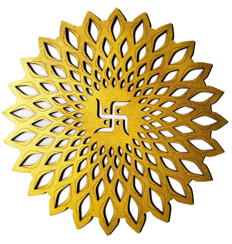 My Dream Carts Golden Round Decorative Wall Art Mdf Wooden Swastika Chakra For Temple, Living Room, Office, Hotel, Home Decor Items, Gift Item, Mandala Wall Hanging For House Decoration 15x15 CM - Image 4