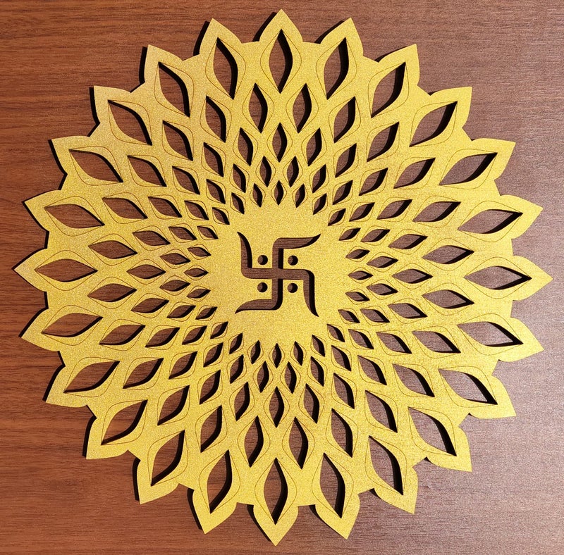 My Dream Carts Golden Round Decorative Wall Art Mdf Wooden Swastika Chakra For Temple, Living Room, Office, Hotel, Home Decor Items, Gift Item, Mandala Wall Hanging For House Decoration 15x15 CM - Image 1