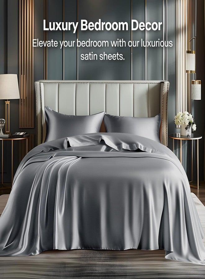 BEDELITE King Size Sheets Set, Luxury Soft Dark Grey Satin Sheets for Hair and Skin, Similar to Silk Bed Sheets Set 4 Pieces with 1 Deep Pocket Fitted Sheet, 1 Flat Sheet, and 2 Pillowcases - Image 2