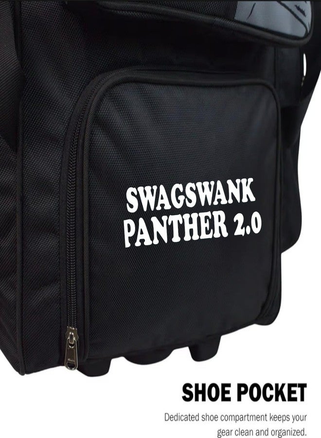 حقيبة أدوات الكريكيت SWAGSWANK Panther 2.0 بعجلات، باللونين الأسود والذهبي، مزودة بأقسام متعددة وأحزمة ظهر وعجلات. - Image 4