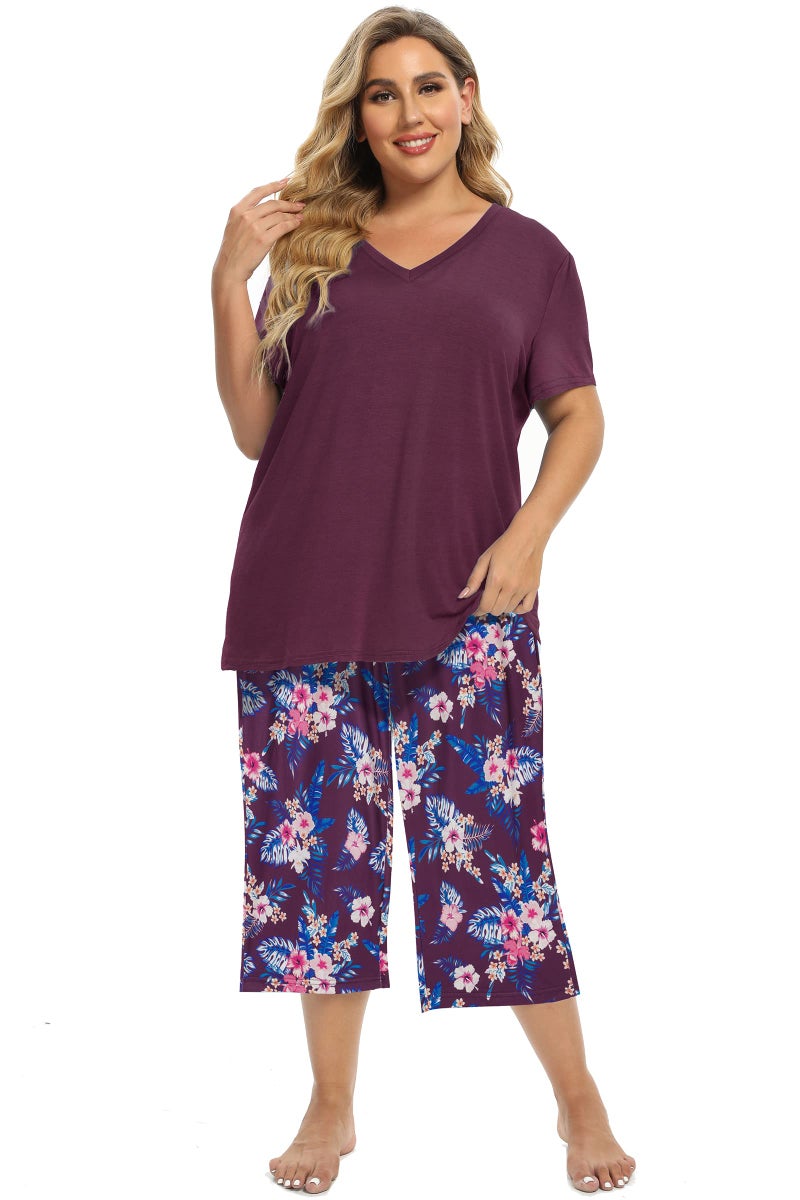Vozanet Women's Pajamas Set Soft V Neck Sleepwear Top and Capri Pj Lounge Sets Plus Size Novel Floral Design Elegant Loungewear Capri Sets, Purple, 4X-Large - Image 1