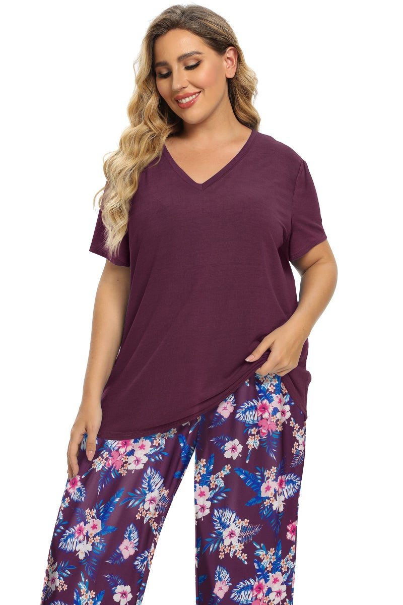 Vozanet Women's Pajamas Set Soft V Neck Sleepwear Top and Capri Pj Lounge Sets Plus Size Novel Floral Design Elegant Loungewear Capri Sets, Purple, 4X-Large - Image 2
